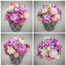   Szappanvirág csokor - fukszia-lilás-fehér szappanvirág csokor - szürke műanyag kaspóban - 2.