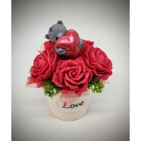   Szappanvirág csokor - szives szappan maci - piros rózsás - fehér love kaspóba - 5.