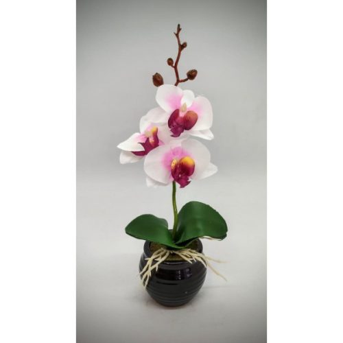 Virág - Orchidea élethű selyemvirág - kb. 25cm - rózsaszín színben - fekete kis kaspóban - 2.