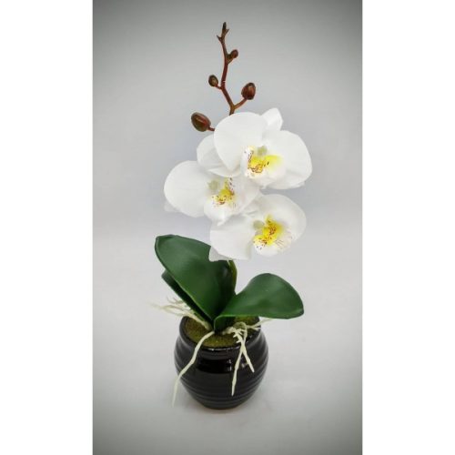 Virág - Orchidea élethű selyemvirág - kb. 25cm - fehér színben - fekete kis kaspóban - 1.