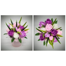   Szappanvirág csokor - lila tulipán szappanvirág csokor - rózsaszín fém vödörben - 1.