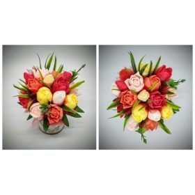   Szappanvirág csokor - piros-narancs-barack-sárga tulipán szappanvirág csokor - fém vödörben - 3.