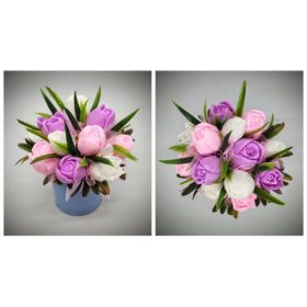   Szappanvirág csokor - rózsaszín tulipán szappanvirág csokor - kék fém vödörben - 2.