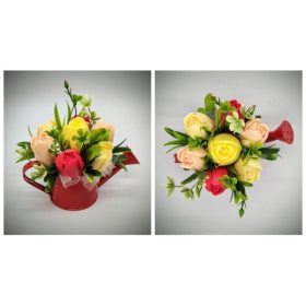   Szappanvirág csokor - piros-sárga tulipán szappanvirág csokor-  - piros locsoló kannában - 2.