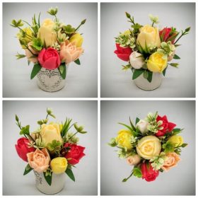   Szappanvirág csokor - piros-barack-sárga tulipán szappanvirág csokor - kicsi fém kaspóban - 1.