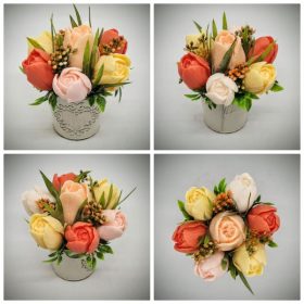   Szappanvirág csokor - narancs-barack-sárga tulipán szappanvirág csokor - kicsi fém kaspóban - 2.