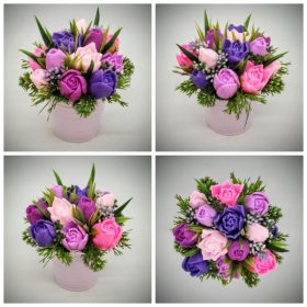   Szappanvirág csokor - lila tulipán szappanvirág csokor- lila fém kaspóban