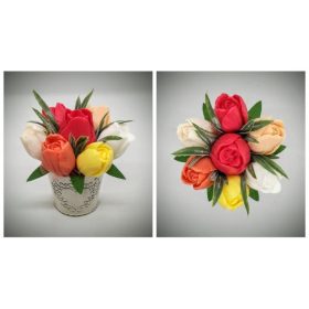   Szappanvirág csokor - piros-narancs-barack vegyes tulipán csokor  - kis fém kaspóban - 2.