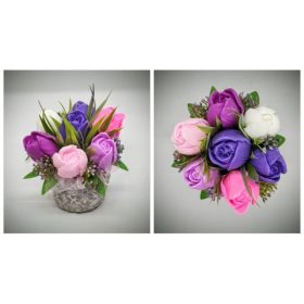   Szappanvirág csokor - lila vegyes tulipán csokor  - kis  kőkaspóban - 3.