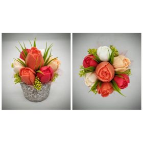   Szappanvirág csokor - narancs-piros-barack vegyes tulipán csokor - kis kőkaspóban - 4.