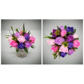   Szappanvirág csokor - rózsaszín-lila vegyes tulipán csokor  - fém kaspóban - 5.