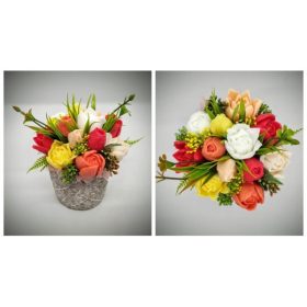   Szappanvirág csokor - barack-sárga-piros vegyes tulipán csokor - kőkaspóban - 6.