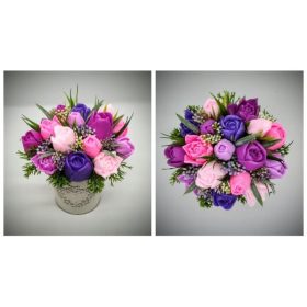   Szappanvirág csokor - fukszia-rózsaszín-lila vegyes tulipán csokor  - fém kaspóban - 7.