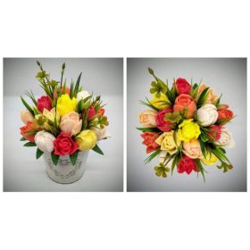   Szappanvirág csokor - piros-barack-narancs vegyes tulipán csokor - fém kaspóban - 8.