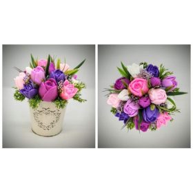   Szappanvirág csokor - fukszia-rózsaszín-lila vegyes tulipán csokor  - fém kaspóban