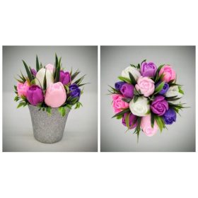   Szappanvirág csokor - fukszia-rózsaszín-lila vegyes tulipán csokor  - ezüst csillámos műanyag kaspóban - 1.