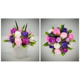   Szappanvirág csokor - fukszia-rózsaszín-lila vegyes tulipán csokor  - fehér csillámos műanyag kaspóban - 2.