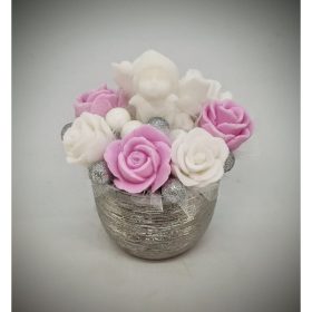   Szappanvirág csokor - karácsonyi manó - rózsaszín-fehér virággal - kis ezüst kaspóban - 3.