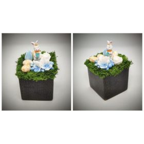   Szappanvirág - Húsvéti csokor - kék - fehér nyuszival - fekete kocka kaspóban 2.