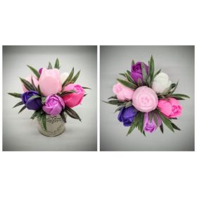   Szappanvirág csokor - rózsaszín vegyes tulipán csokor  - kis fém kaspóban - 1.