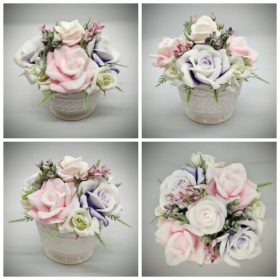   Szappanvirág csokor - rózsaszín-lila szappanvirág csokor - fehér kör kaspóban - 5.