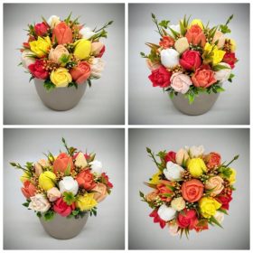   Szappanvirág csokor - vegyes tulipán - szappanvirág csokor - pezsgő kaspóban