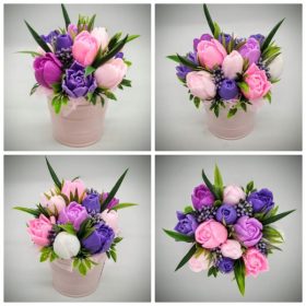   Szappanvirág csokor - lila tulipán szappanvirág csokor- rózsaszín fém kaspóban
