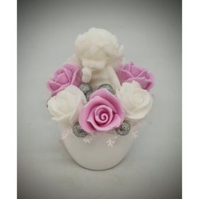   Szappanvirág csokor - szemben ülő angyalka - rózsaszín-fehér virággal - kis fehér kaspóban - 1.