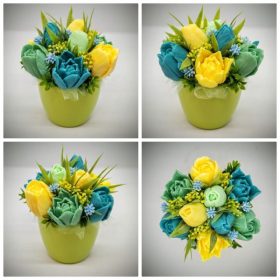   Szappanvirág csokor - türkiz-zöld-sárga vegyes tulipán csokor - kis zöld kaspóban - 1.