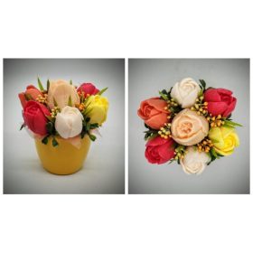   Szappanvirág csokor - narancs-piros-barack vegyes tulipán csokor - kis sárga kaspóban - 2.