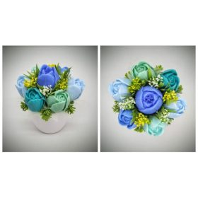   Szappanvirág csokor - kék-zöld vegyes tulipán csokor - kis fehér kaspóban - 3.