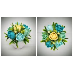   Szappanvirág csokor - türkiz-sárga vegyes tulipán csokor - kis fehér kaspóban - 4.