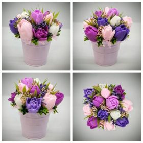   Szappanvirág csokor - lila tulipán szappanvirág csokor- lila fém kaspóban - 5.