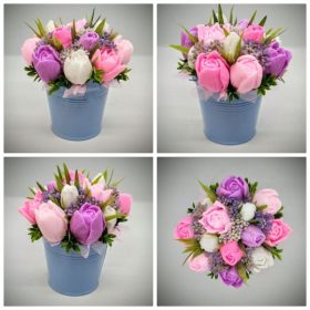   Szappanvirág csokor - rózsaszín tulipán szappanvirág csokor - kék fém vödörben - 6.
