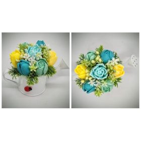   Szappanvirág csokor - türkiz-sárga vegyes tulipán csokor - kis fehér locsolókannában - 7.