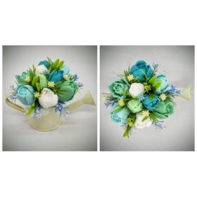   Szappanvirág  csokor - türkiz - zöld - fehér tulipán szappancsokor - vajszínű locsolókannában - 9.