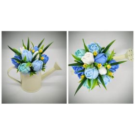   Szappanvirág csokor - kék - fehér vegyes tulipán szappancsokor - vajszínű locsolókannában - 10.