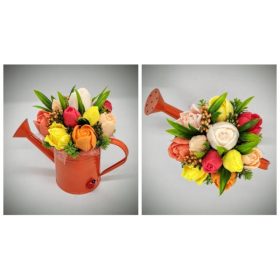   Szappanvirág csokor - piros-sárga-narancs vegyes tulipán szappancsokor - narancssárga locsolókannában - 11.