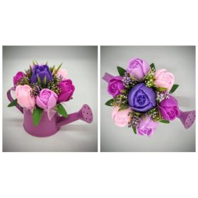   Szappanvirág csokor - Lila - rózsaszín vegyes tulipán csokor - kis lila locsolókannában - 2.