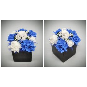   Szappanvirág csokor - Kék - fehér szappanvirág csokor bagollyal - fekete kocka kaspóban
