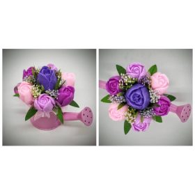   Szappanvirág csokor - Lila - rózsaszín vegyes tulipán csokor - kis rózsaszín locsolókannában