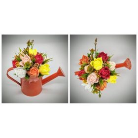   Szappanvirág csokor - Sárga-piros-barack vegyes tulipán szappancsokor - narancs locsolókannában - 5.