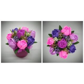   Szappanvirág csokor - Vegyes lilás tulipán szappancsokor - kis fukszia kaspóban - 1.