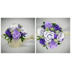   Szappanvirág csokor - Lila rózsa szappancsokor - kis vajszínű locsolókannában - 4.