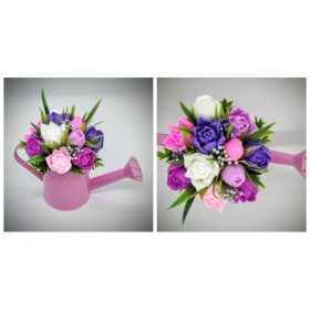   Szappanvirág csokor - lila - rózsaszín vegyes tulipán szappancsokor - rózsaszín locsolókannában - 6.