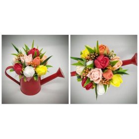   Szappanvirág csokor - Piros-sárga-narancs vegyes tulipán szappancsokor - piros locsolókannában - 6.