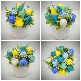   Szappanvirág csokor - sárga-zöld-fehér-kék vegyes tulipán csokor - fehér közepes kaspóban - 4.