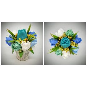   Szappanvirág csokor - kék-zöld-fehér vegyes tulipán csokor - kis fémkaspóban - 3.