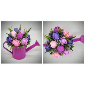   Szappanvirág csokor - lila - rózsaszín vegyes tulipán szappancsokor - fukszia locsolókannában - 4.