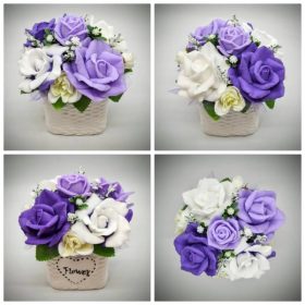   Szappanvirág csokor - Lila - fehér rózsa szappanvirág csokor - fehér kocka kaspóban - 6.